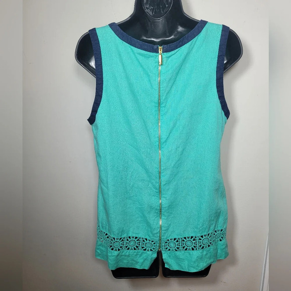 Kaari Blue Linen Crochet Top sz M - Picture 2 of 7